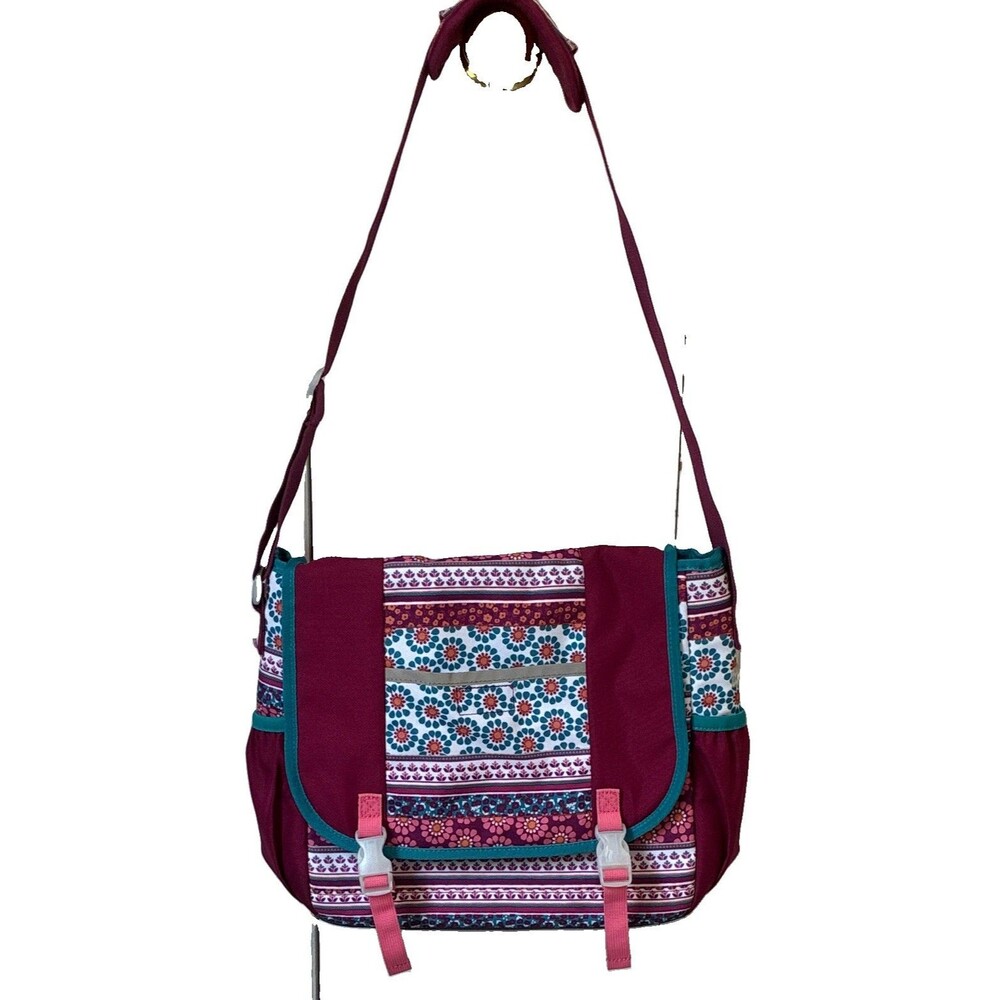 Garnet Hill Kids Floral Messenger Bag Adjustable Strap Bottle Pocket Burgundy